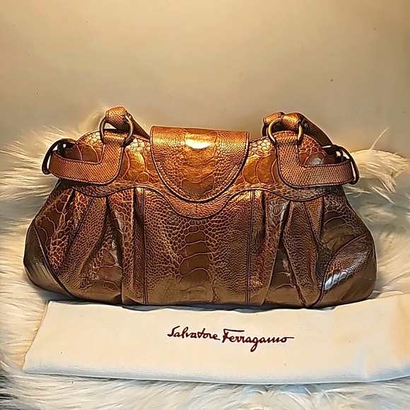 SALVADOR FERRAGAMO OSTRICH HAND BAG BROWN LEATHER - Picture 6 of 16